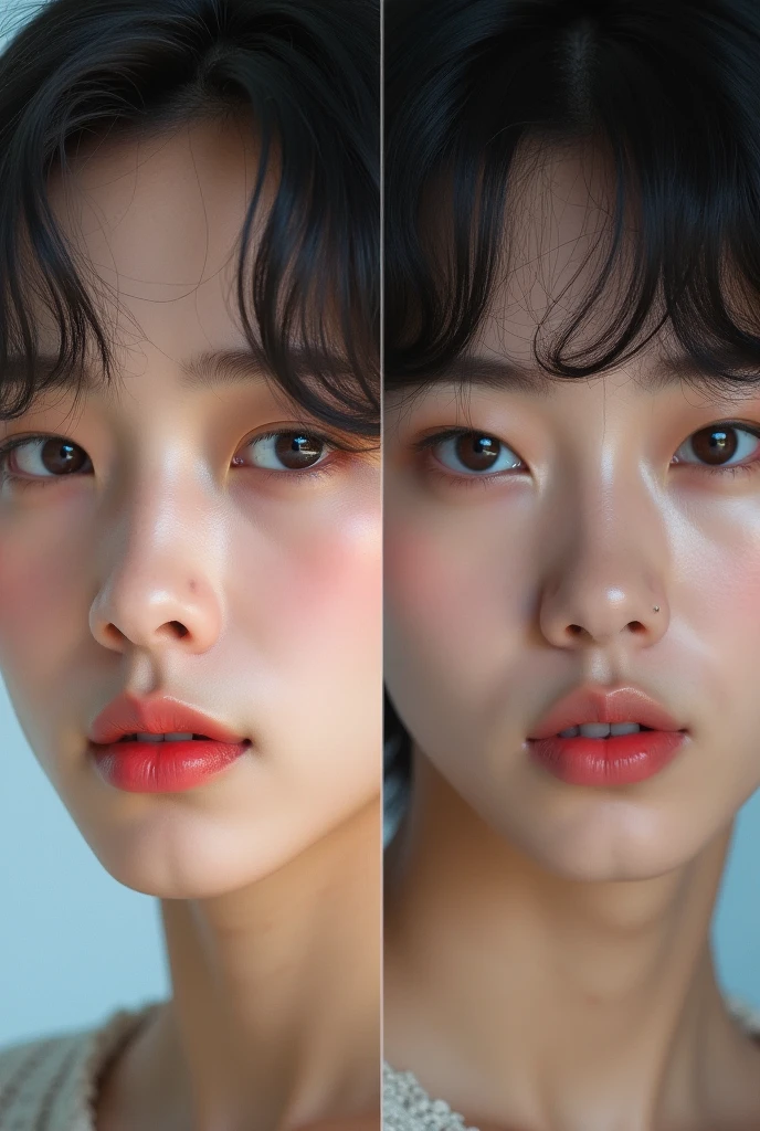 two young women are posing for a picture together in a photo, beautiful gemini twins portrait, soft portrait shot 8 k, realistic. cheng yi, kawaii realistic portrait, korean symmetrical face, third eyes middle of foreheads, color photograph portrait 4k, [ 4 k digital art ]!!, beautiful gemini twins, photorealistic!!!!!!! art style, beautiful highly symmetric faces