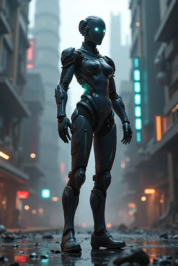 a cyberpunk armored female figure, intricate futuristic armor, glowing neon details, advanced mechanical limbs, holographic displays, dystopian cityscape background, moody dramatic lighting, cinematic composition, highly detailed, 8k, photorealistic
