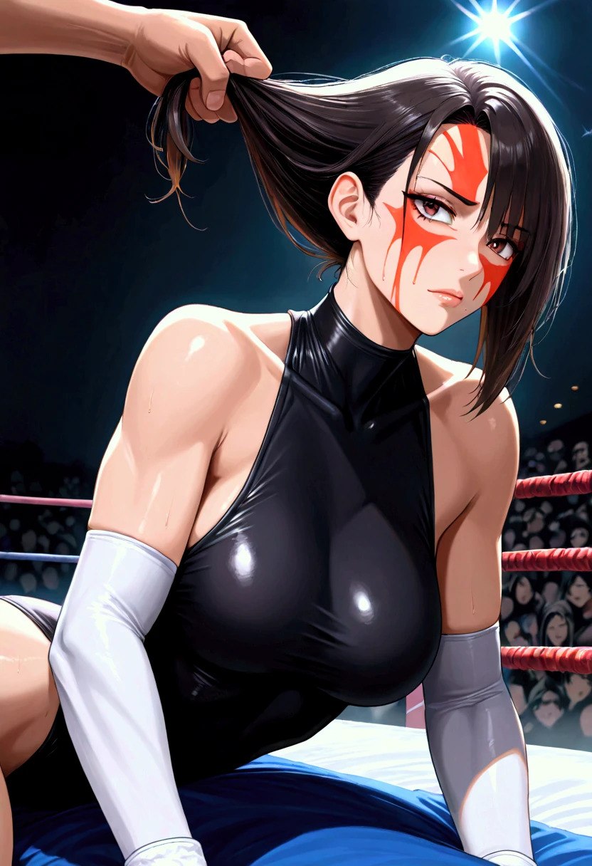  ((((masterpiece)))), (( unity 8k wallpaper, photorealistic , (( detailed face )), ((nsfw)),High Quality , high image quality,8k, Masterpiece,Two female wrestlers,I'm a female professional wrestler ,I am Japanese, I'm wearing a white high-leg leotard , I'm also wearing a white elbow guard and leg protector,I have an injury to my forehead and I'm bleeding,I'm exhausted and lying in the ring ,Another female pro wrestler is big and muscular ,Another female pro wrestler has flame paint on her face , Another female pro wrestler is threatening the first female pro wrestler, The other female pro wrestler wears a black leotard,Another female pro wrestler grabs the first female pro wrestler's hair and tries to force her to stand,I was kissed by another female pro wrestler,I'm staring up at the other pro wrestler standing beside me,perfect anatomy