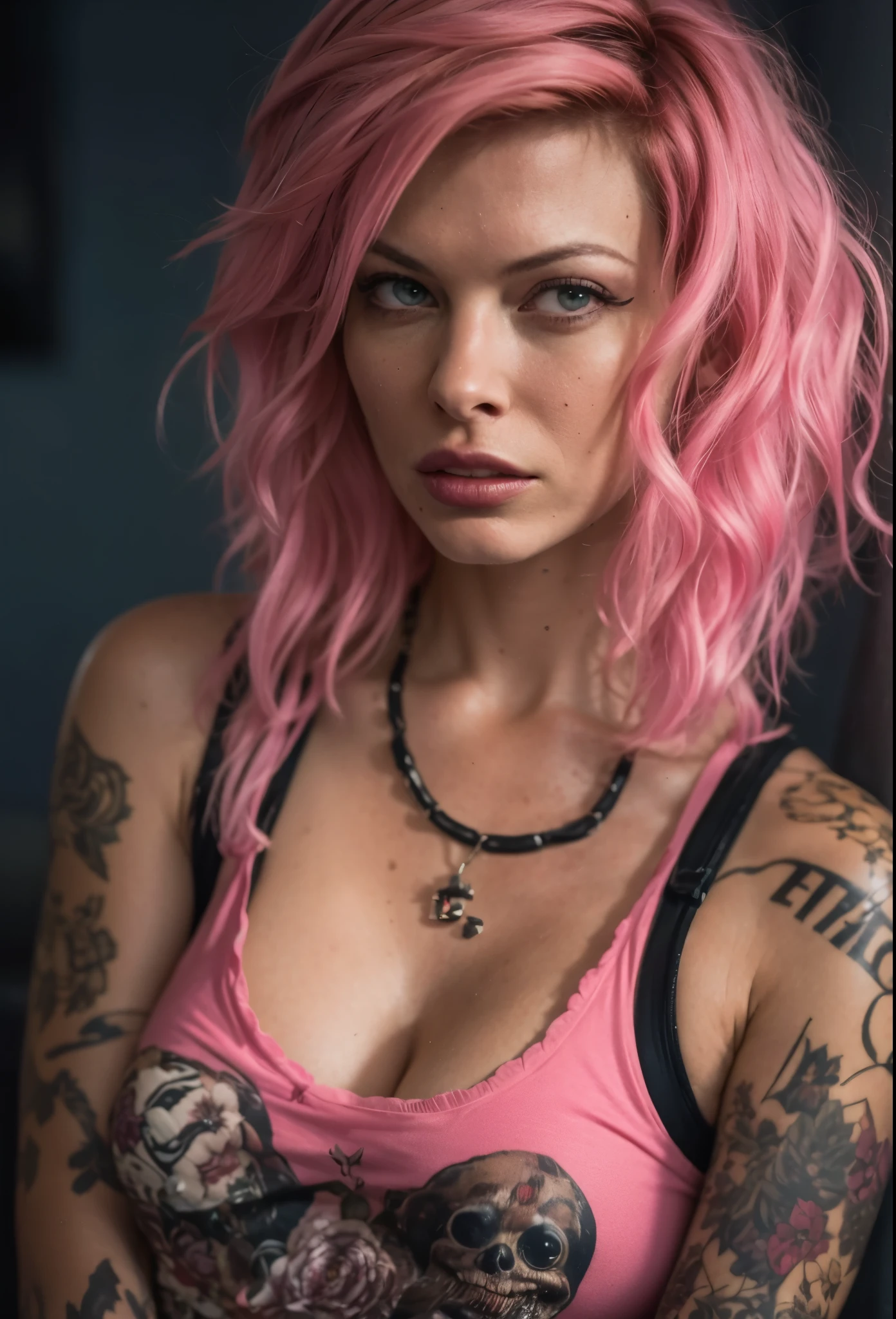 (masterpiece, best quality, 1girl, solo, intricate details, chromatic aberration), realistic,long hair, pink hair, red head ornament, pink highlights, hair over one eye,purple eyes, earrings, sharp eyes, choker, neon shirt, open jacket, crop top, (symmetry eyes),(perfect symmetrical body),against wall, brick wall, graffiti, dim lighting, alley ,look at viewer