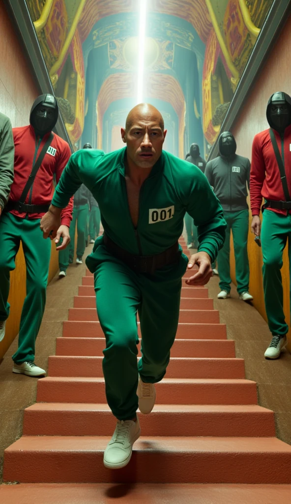 A full-body shot of DWAYNE JOHNSON running directly toward the viewer in a highly cinematic and intense scene inspired by Squid Game. He is wearing the iconic green tracksuit with one white stripe on the sleeves and legs. The tracksuit has the number '101' printed in white on the left side of his chest and on the upper left leg of his pants. He has a determined and slightly desperate expression on his face, his shiny bald head reflecting the ambient light as he runs. The background shows a giant, surreal staircase with vibrant, colorful walls and impossible geometric patterns, reminiscent of an Escher-like maze. Several masked guards in red uniforms and black masks stand on various staircases, watching from above. The lighting is artificial, casting strange shadows that enhance the claustrophobic and disorienting atmosphere of the scene