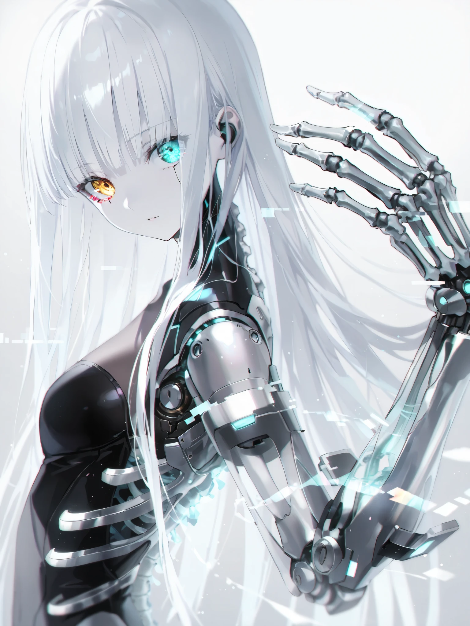 ultra-detailed illustration of an android girl, solo, silver long hair, heterochromia, golden eye, aqua eye, white skin, pale skin, cyberpunk, skeleton, gothic, futuristic, holographic, transparency, metal parts, clear parts, glitch effects, chromatic aberration, depth of field, masterpiece, best quality, beautiful illustration, very aesthetic art, perfect anatomy, perfect hand, light particles, iridescent effects