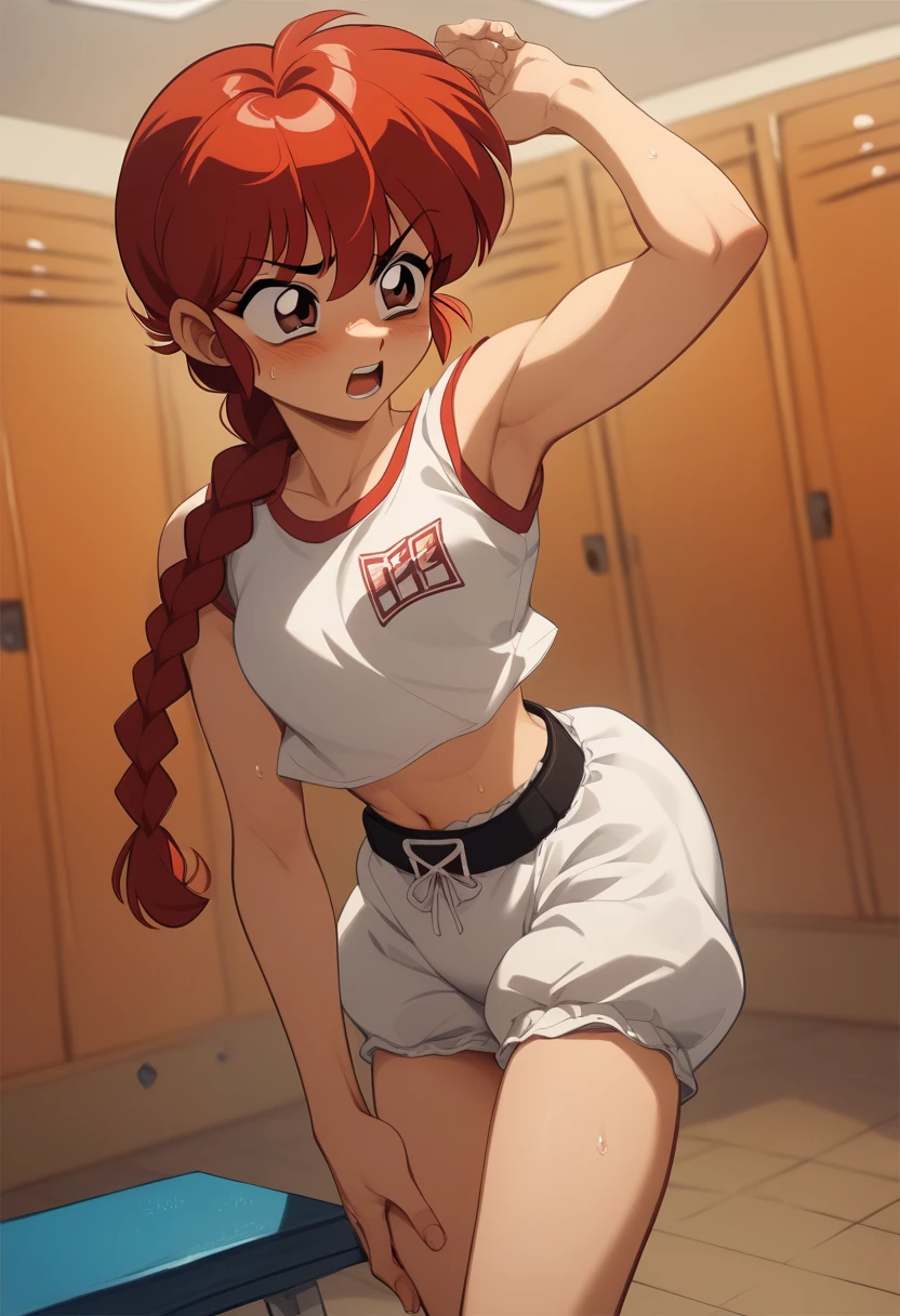 ,(8k),、Gymnastics、Bloomers、 sportswear、At the gym、  one woman,  medium bust,  brown eyes ,  brown hair,  shorthair 、 , Ranma-chan, Red Hair,  braided belt、 Orgasm 、 、  State of Sexual Arousal 、、  is standing 、 comics、( locker room),、