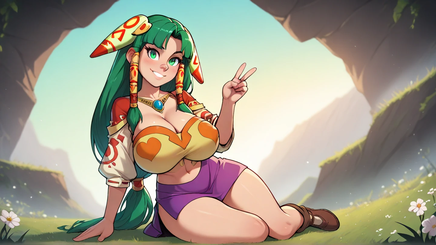 score_9, score_8, 1girl, ****, feena from grandia, long hair, beauty, emerald eyes, cute nose, smile, unreal engine, (huge tits):80, masterpiece, high quality, full body view, skirt, red panty