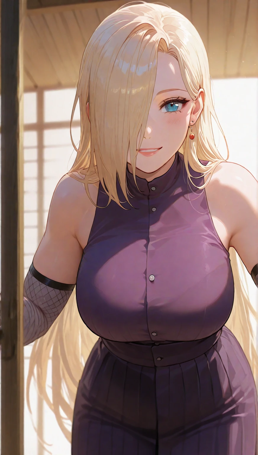 (masterpiece), (portrait), big breasts (aesthetics), ((1 female 21 years old)), Highlight earrings), ((long hair)), ((Ino Yamanaka, long spiky bangs, exposed abdomen)) ((Hot blonde hair, long bangs over the eyes, cute smile)), Wavy hair, thin eyes open, blue eyes, cute, female, woman, feminine, beautiful, female features, top, high quality, aesthetic clothing, professional angle, (rule of thirds), (feminine), (beautiful) , (female ) features), solo, (Korean attractive), summer, (ink haze), (afternoon), (vibrant light), seductive posture, ((face looking forward))), dark purple sleeveless top, fishnet on the elbows, long skirt, opening in the middle, dark purple skirt ((Energy)), (Bold Makeup), (Big Breasts), Fair Skin, (Clothes with Hip Hop Details), (hot Ino Yamanaka, mature woman, super curvy body), (Sleep Neckline), Beautiful Hands, Body beautiful, beautiful ears, beautiful eyes, bright eyes, beautiful mouth, beautiful lips, traditionally japanese house