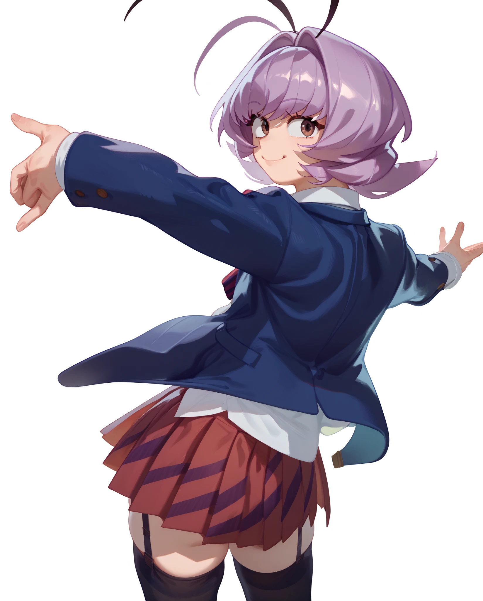 Only osananajimi, 1other, 1boy, najimi osana, short hair, brown eyes, purple hair, receding hairline, antenna hair, skirt, shirt, long sleeves, bun, school uniform, jacket, white shirt, pleated skirt, stripes, collared shirt, bow tie, red skirt, blazer, blue jacket, classroom, smile, looking at viewer, cowboy shot, solo, (full body), tight black stockings, stocking garter, ((flirty poses)), eigaka style , white background , back poses