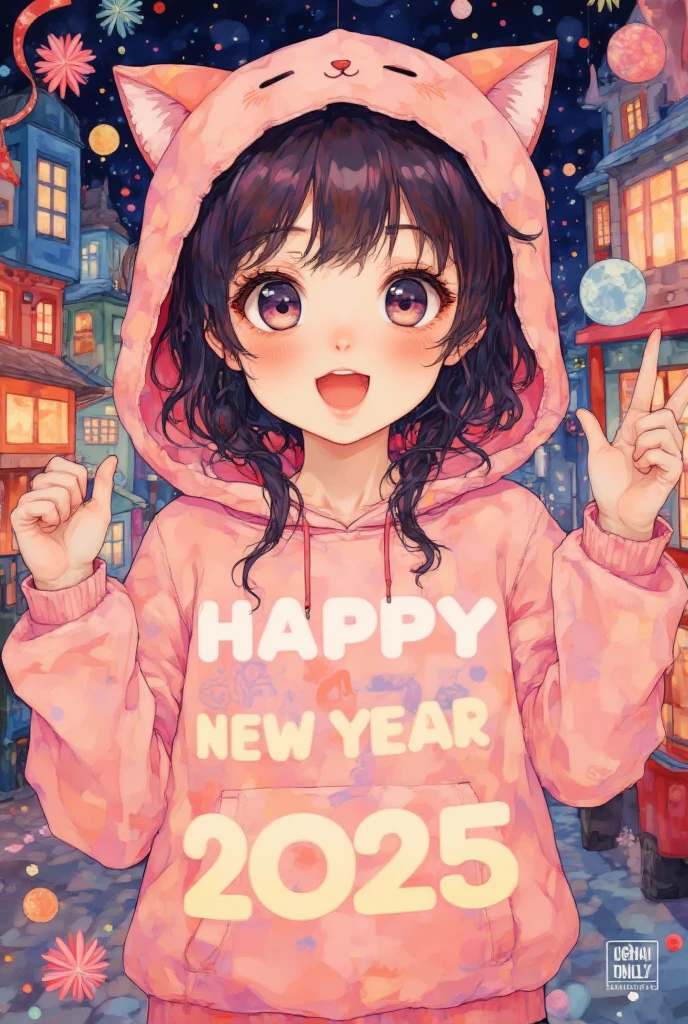 new year poster, text "HAPPY NEW YEAR 2025", anime style, 1girl in a cat hoodie, 