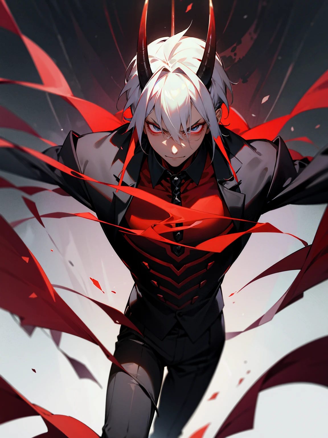 2d,{A male},Boys,Shigeo,Cold expression，{{{Frontal view}}}}，In a dark room full of rubble, The character has long light white hair，Large spiral horns，Taurus，Dark red and black robe，Huge decoration on the chest，Red pupils，Sense of atmosphere，Black pants，Trousers