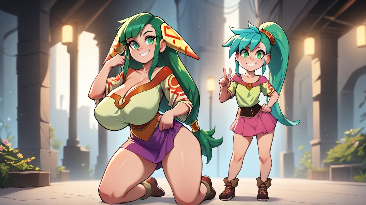 score_9, score_8, 1girl, teen, feena from grandia, long hair, beauty, emerald eyes, small hips, smile, unreal engine, (huge tits):80, masterpiece, high quality, full body view, skirt, saggy tits, kneeing, look at me, pov