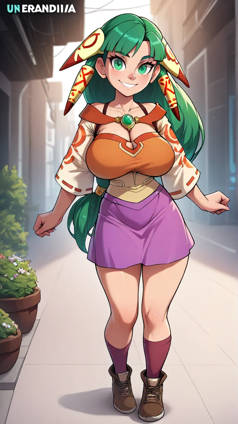 score_9, score_8, 1girl, feena from grandia, long hair, beauty, emerald eyes, small hips, smile, unreal engine, (huge tits):80, masterpiece, high quality, full body view, skirt, saggy tits, kneeing, look at me, pov