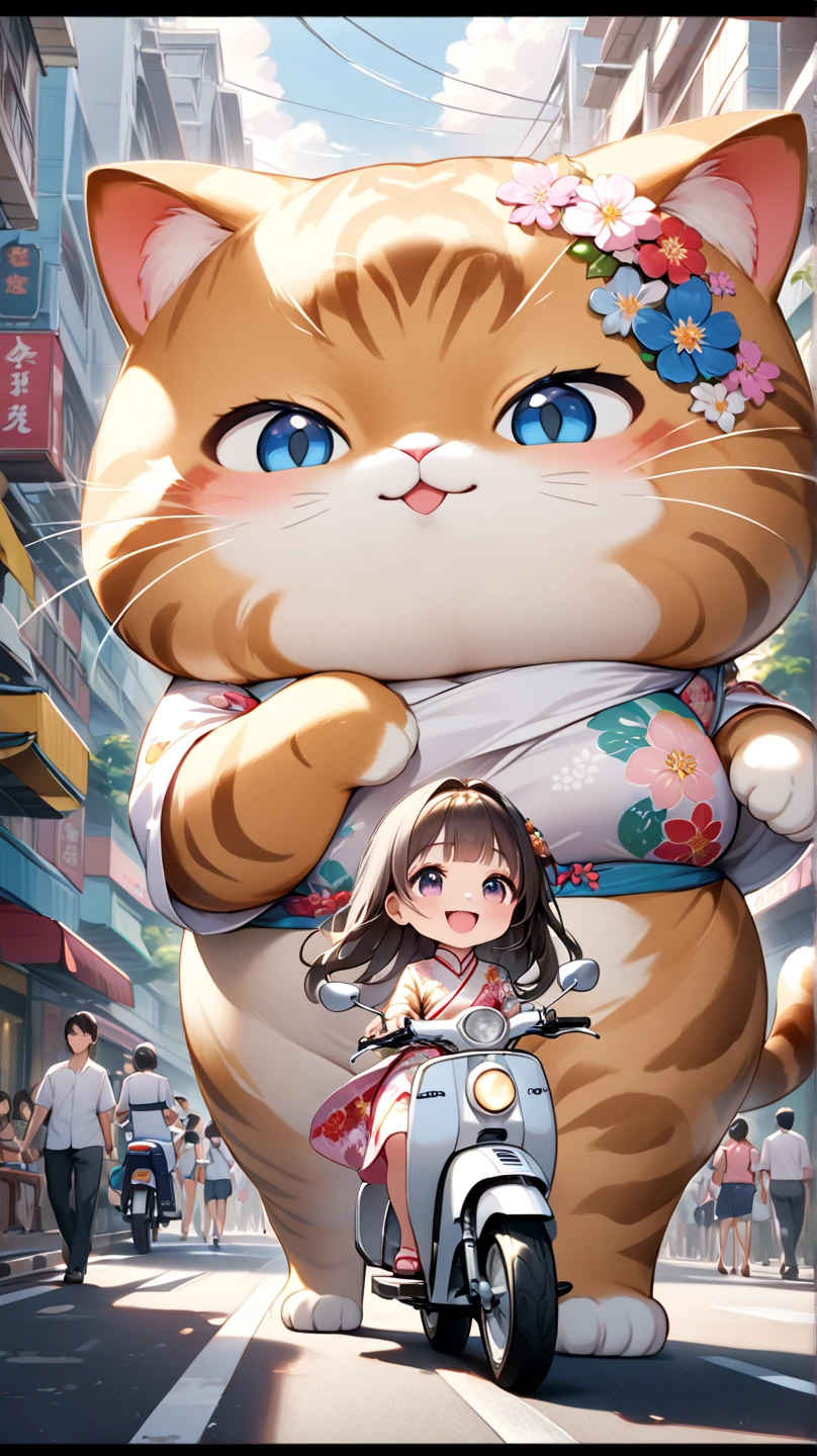 (masterpiece), (ultra-detailed), (best quality), (clear focus), dramatic scene, cinematic, shadow, (ultra-high resolution), (8k), perfect anatomy, perfect face, (detailed face), (detailed eye), (chibi:1.3), (cute Japanese chibi small girl:1.3), famous Japanese chibi idol, very beautiful with cute but cool face, (the girl is wearing an elegant floral patterned ao dai:1.2), wearing flip flap, (medium breasts), (She is riding a white colored Honda Super Cub:1.3), at the downtown street in Ho Chi Minh city in 2000, Cluttered streets, people walking on the sidewalks, rows of miscellaneous buildings, trees, (the giant fat cat with jitome is standing while mewing on street and hands on the girl's shoulder:1.3), (detailed giant fat cat with jitome:1.3), they looks so happy, happy smile, (shoot from side)