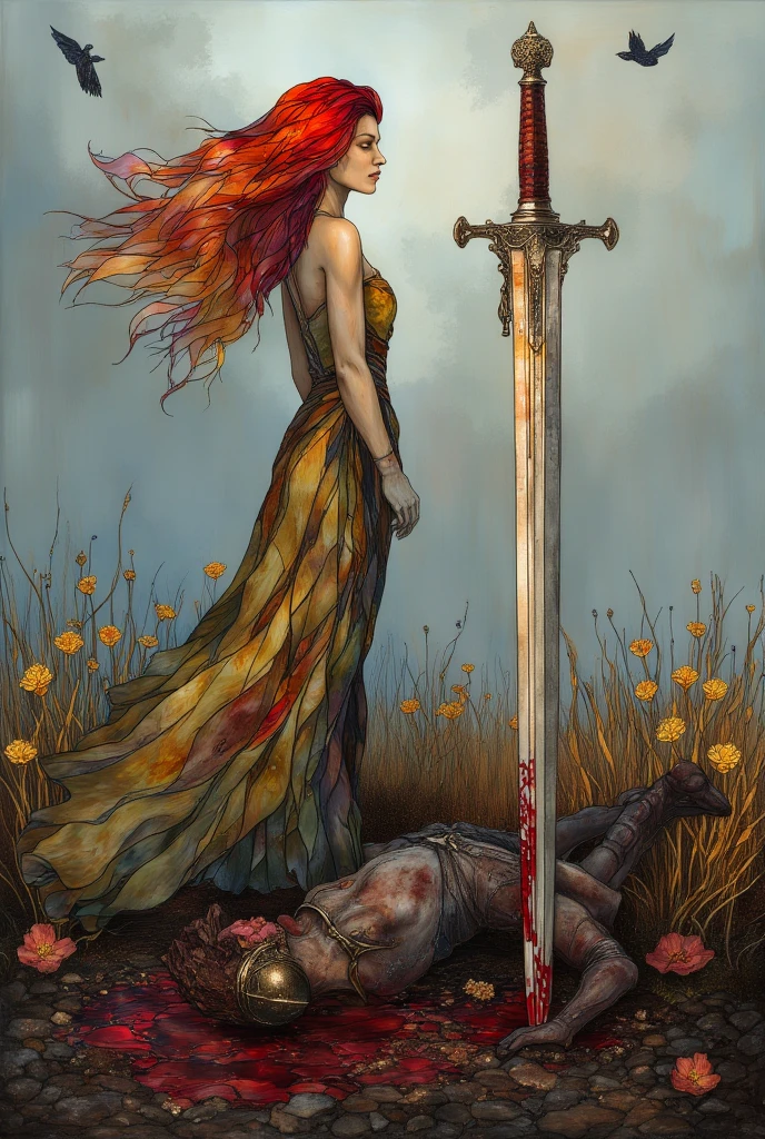 ArsMJStyle, glass,  In the middle of a battlefield tinged with tragedy ,  a young red-haired girl stands solemnly .  His red hair shines under the gray sky , while her sword ,  still dripping blood ,  points to the body of a fallen warrior at his feet .  Both share their hair turned on and her skin pale ,  an unmistakable bond that suggests family ties broken by fate .  An albino raven rests on her shoulder ,  while three more fly in circles ,  her croaks resounding like omens of death . The soil,  dotted with pools of blood and yellow flowers ,  mixes beauty with horror ,  creating a disturbing contrast .  The young woman looks at the fallen warrior with a calm filled with pain and determination,  as if her victory were as inevitable as her own loss .  In this dark and mocking scene ,  life and death coexist in a heavy silence ,  leaving unanswered questions in the still air .