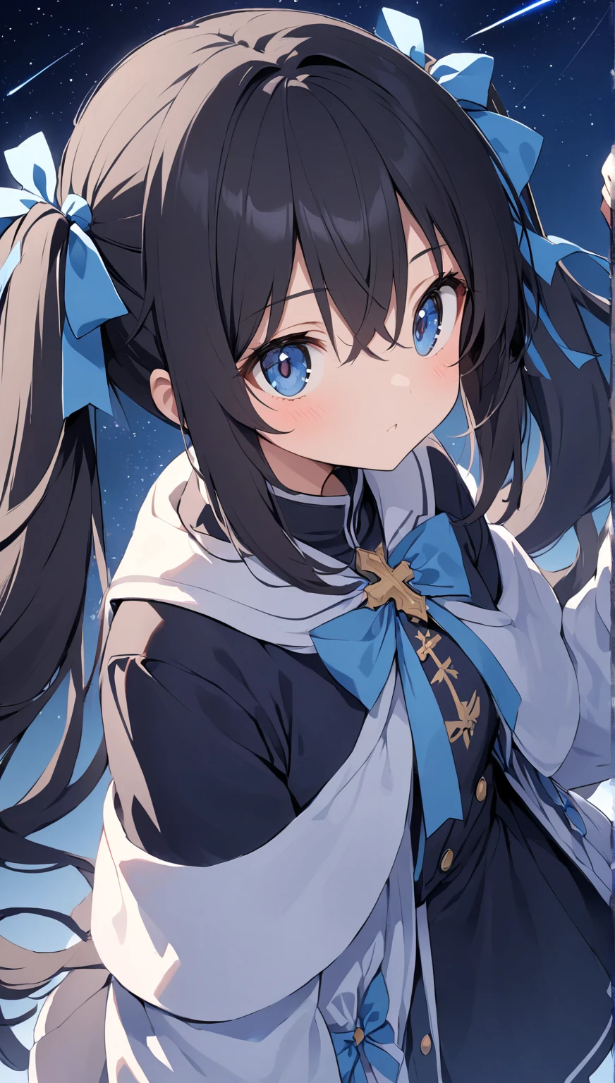  look up at the winter starry sky 、Picture of a girl , , (  beautiful girl,  twin tail hair,  blue eyes, ribbon,  black hair,  hair between eyes , hair ribbon, sidelocks,) ,Shooting stars cross the sky .