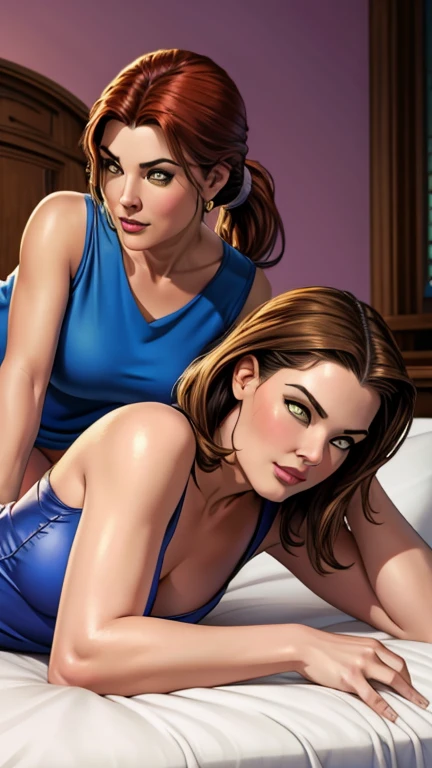 ponytail: jadzia Dax: Terry Farrell: Jenna Coleman: Natalie Portman: Kitty Pryde: Shadowcat: bottomless: in bed: oversized t-shirt: braless: Lying down: relaxing: ((vagina))
