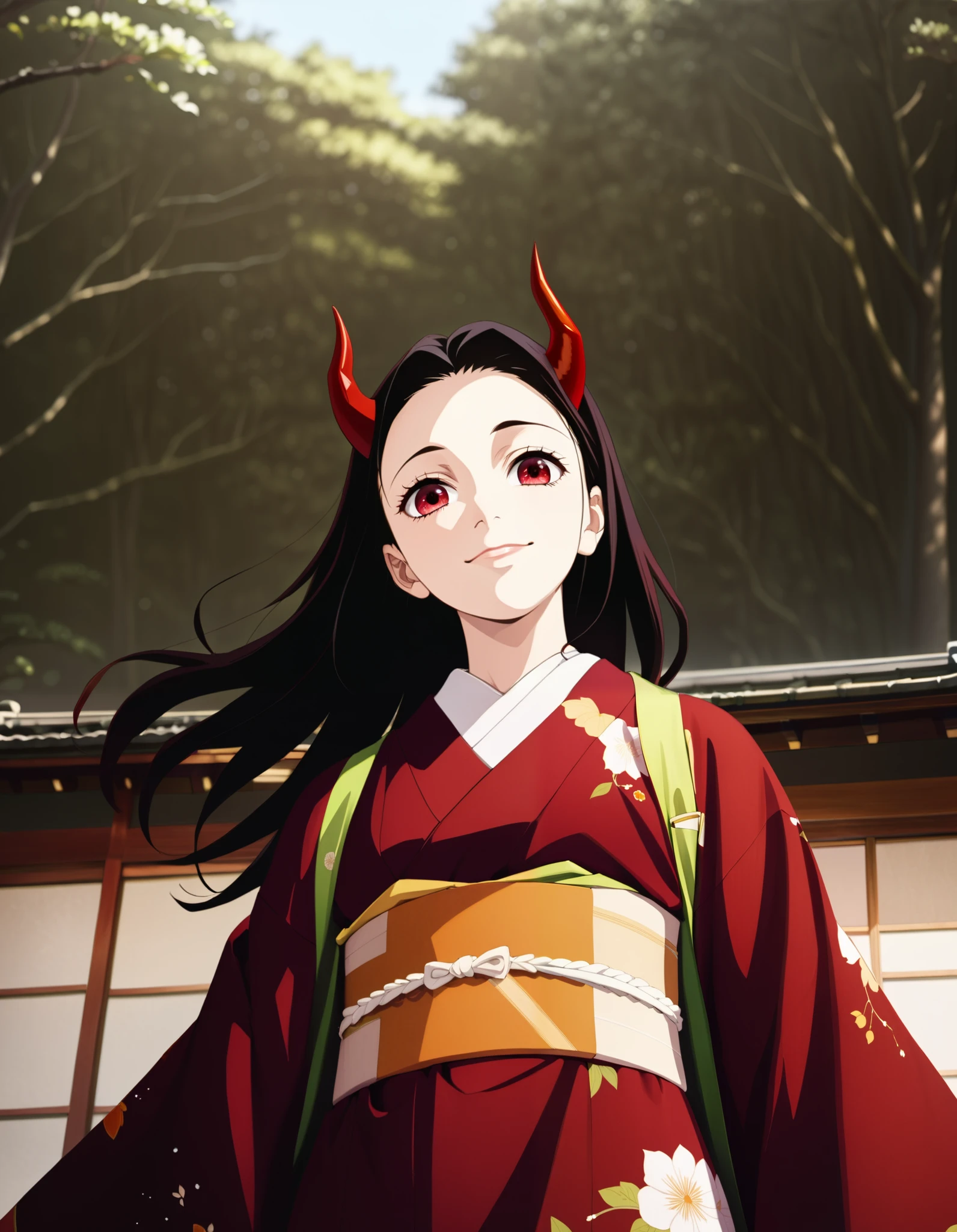 score_9, score_8_up, score_7_up, (Demon Slayer, Kimetsu no yaiba style), (nezuko kamado), (1girl, solo), 20years old, (black long hair, smooth straight hair, asymmetrical parting hair:1.1), forehead, red eyes, (red demon horns:1.4), kimono, smile, (from below, looking at viewer), (standing in the Japanese style garden, scenery)