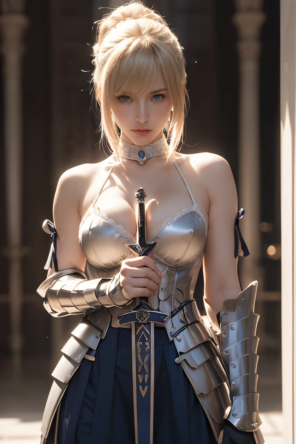 solo, dynamic_pose, (detailed_face, perfect_eyes, perfect_hand), hard_shadows, dynamic_lighting, rim lighting, (intricate, highly detailed, 8K, masterpiece, surrealistic), detailed eyes, beautiful eyes, sfw, piercing gaze, breasts, large breasts, (choker, earrings, jewelery, hair ornaments, cleavage), fate \(series\), Artoria Pendragon, holding a sword, thigh, cleavage, mini skirt, blonde hair, long hair, ponytail, crystal eyes, armor,