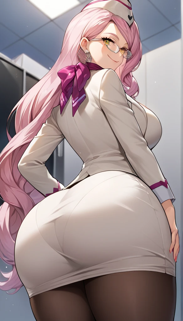 room, Score_9, score_8_up, score_7_up, score_6_up, source_anime, rating:general, 1girl, back view, upper body, from below, beautiful woman, mature, beautiful body, huge ass, heavy bottom, curvy, thick thighs, white skin, waiting for sex, standing, ass view, looking at viewer, excited, beautiful face, smug smile, closed mouth, hand on hip, random sexy pose, slut, 1 girl, koyanmixpdxl, koyasec, 1girl, solo, glasses, very long hair, pink hair, yellow eyes, white blazer, cleavage, human ears, white pencil skirt, stiletto heels, office lady, garrison cap, pink scarf, earrings, stockings:1.3, panty lines, arousal, 8k, best quality, high quality, wallpaper