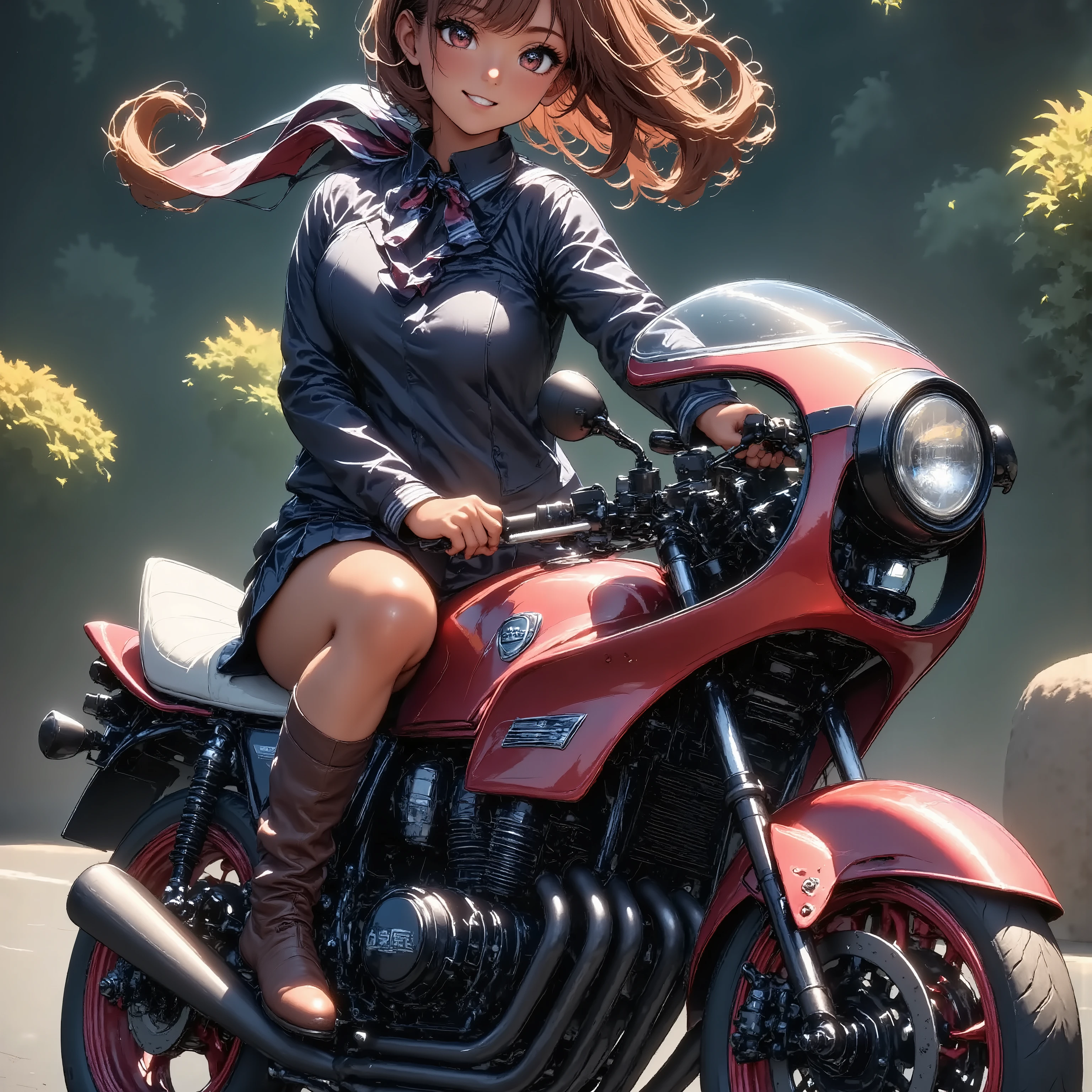 ONE HIGH SCHOOL GIRL RIDING A MOTORCYCLE 　+ CAFE RACER TUNED HONDA CBX400F　+ glossy brown skin + sailor suit　+ loose socks　+ rocket cowl 　、 top quality,  