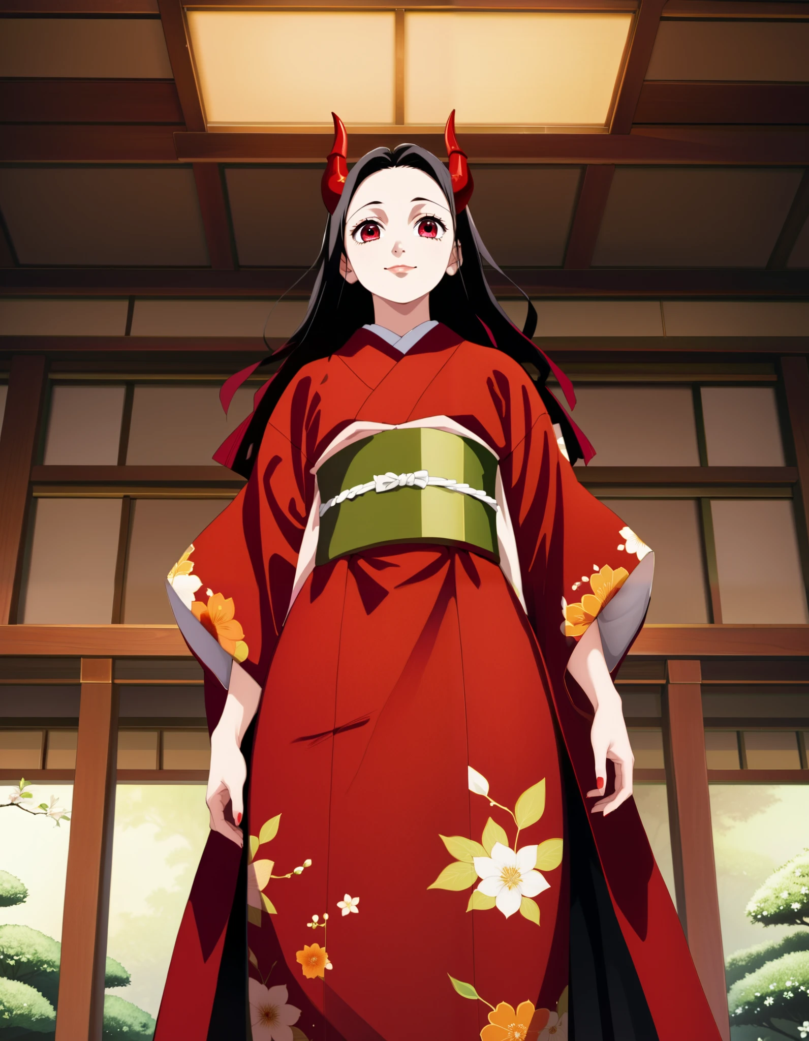 score_9, score_8_up, score_7_up, (Demon Slayer, Kimetsu no yaiba style), (nezuko kamado), (1girl, solo), 20years old, (black long hair, smooth straight hair, asymmetrical parting hair:1.1), forehead, red eyes, (red demon horns:1.4), kimono, smile, (from below, looking at viewer), (standing in the Japanese style garden, scenery)