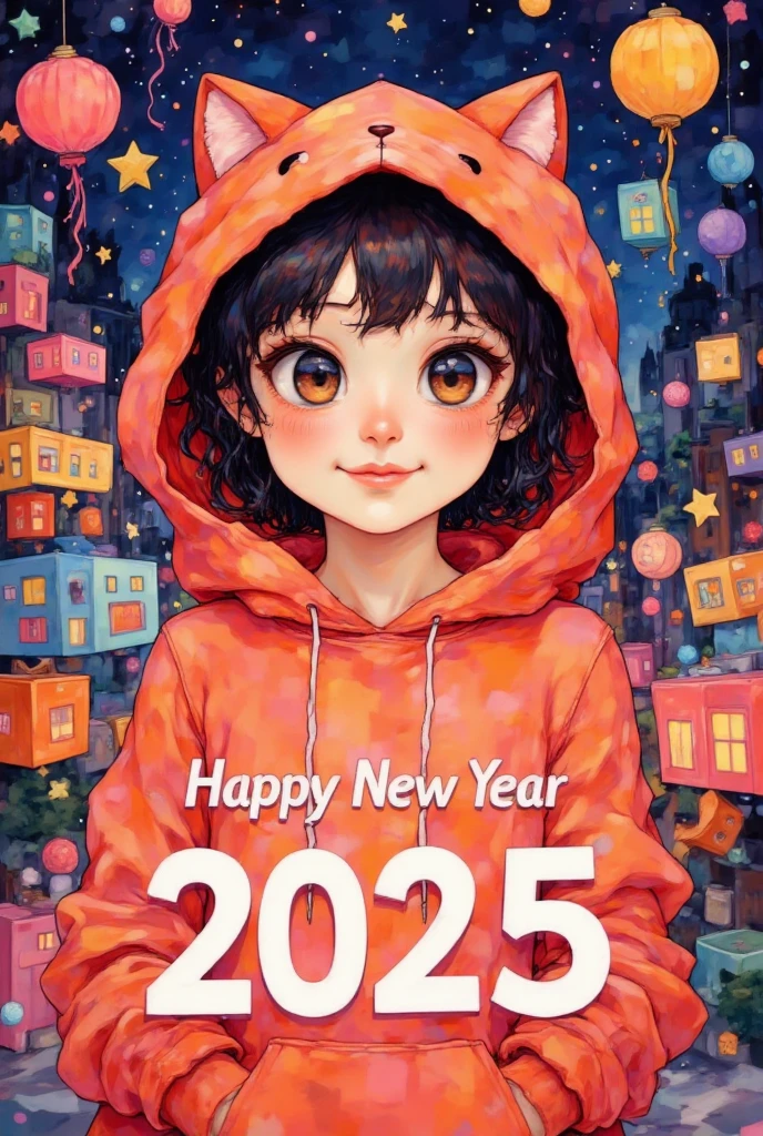 new year poster, text "HAPPY NEW YEAR 2025", anime style, 1girl in a cat hoodie, 