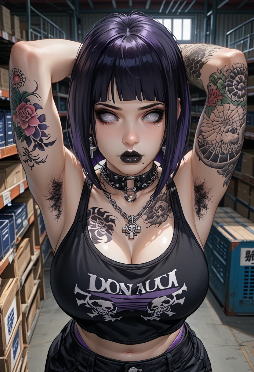 1girl, Holo-Punk Style, goth, earrings, HINATA HYUGA, tattoo, iron necklace, warehouse background, gothic make-up, dark purple hair, big breast, black lipstick, black eyeshadow, detail eyes, armpit hair, tattoos around the body, colored tattoos, dynamic pose, black tank top, bikini panties, from above, face focus image