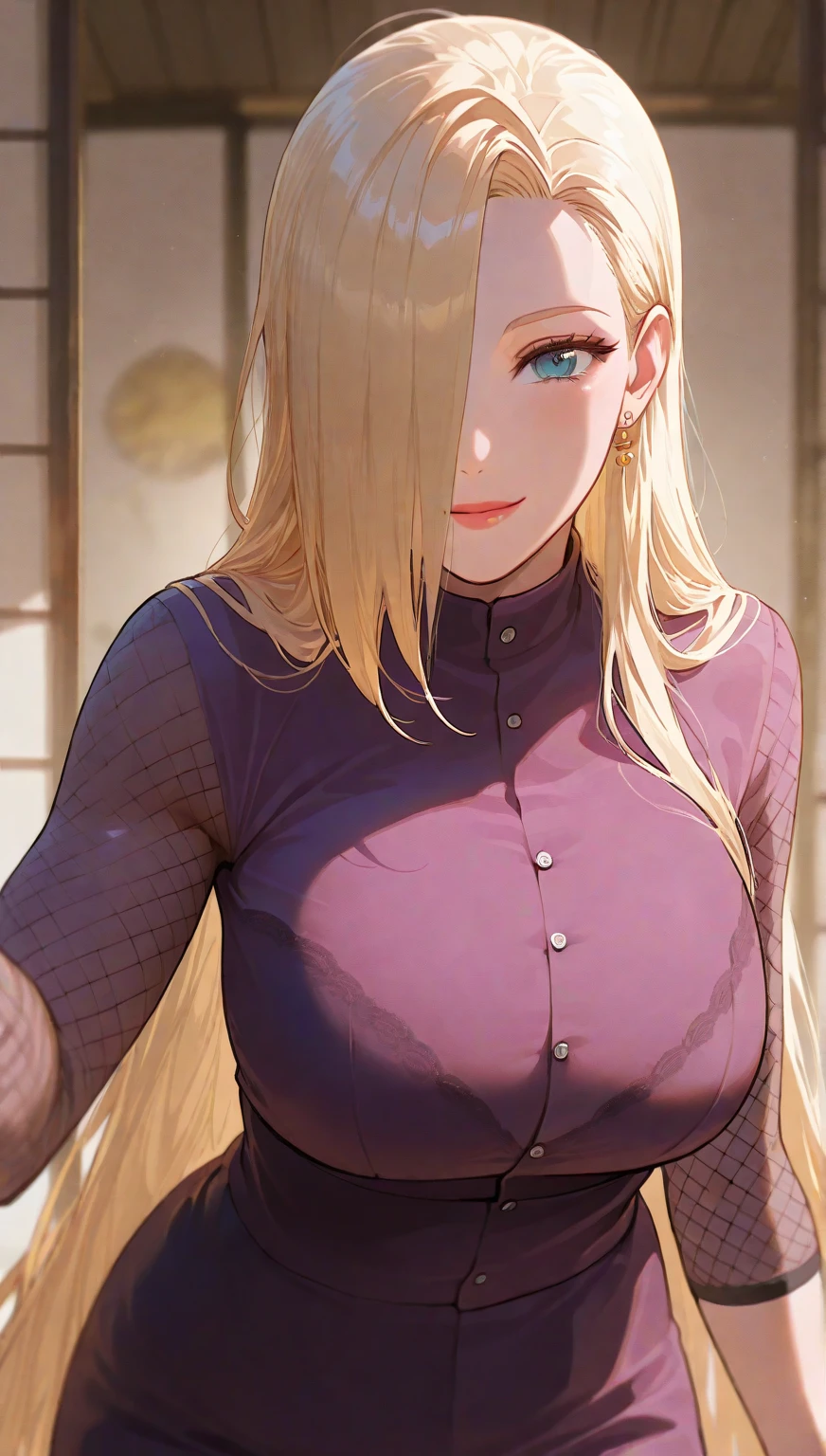 (masterpiece), (portrait), big breasts (aesthetics), ((1 female 21 years old)), Highlight earrings), ((long hair)), ((Ino Yamanaka, long spiky bangs, exposed abdomen)) ((Hot blonde hair, long bangs over the eyes, cute smile)), Wavy hair, thin eyes open, blue eyes, cute, female, woman, feminine, beautiful, female features, top, high quality, aesthetic clothing, professional angle, (rule of thirds), (feminine), (beautiful) , (female ) features), solo, (Korean attractive), summer, (ink haze), (afternoon), (vibrant light), seductive posture, ((face looking forward))), thin, toned abdomen, purple dresses, short cropped top and long skirt, fishnet on the elbows, (Bold Makeup), (Big Breasts), Fair Skin, (Clothes with Hip Hop Details), (hot Ino Yamanaka, mature woman, super curvy body), (Sleep Neckline), Beautiful Hands, Body beautiful, beautiful ears, beautiful eyes, bright eyes, beautiful mouth, beautiful lips, traditionally japanese house