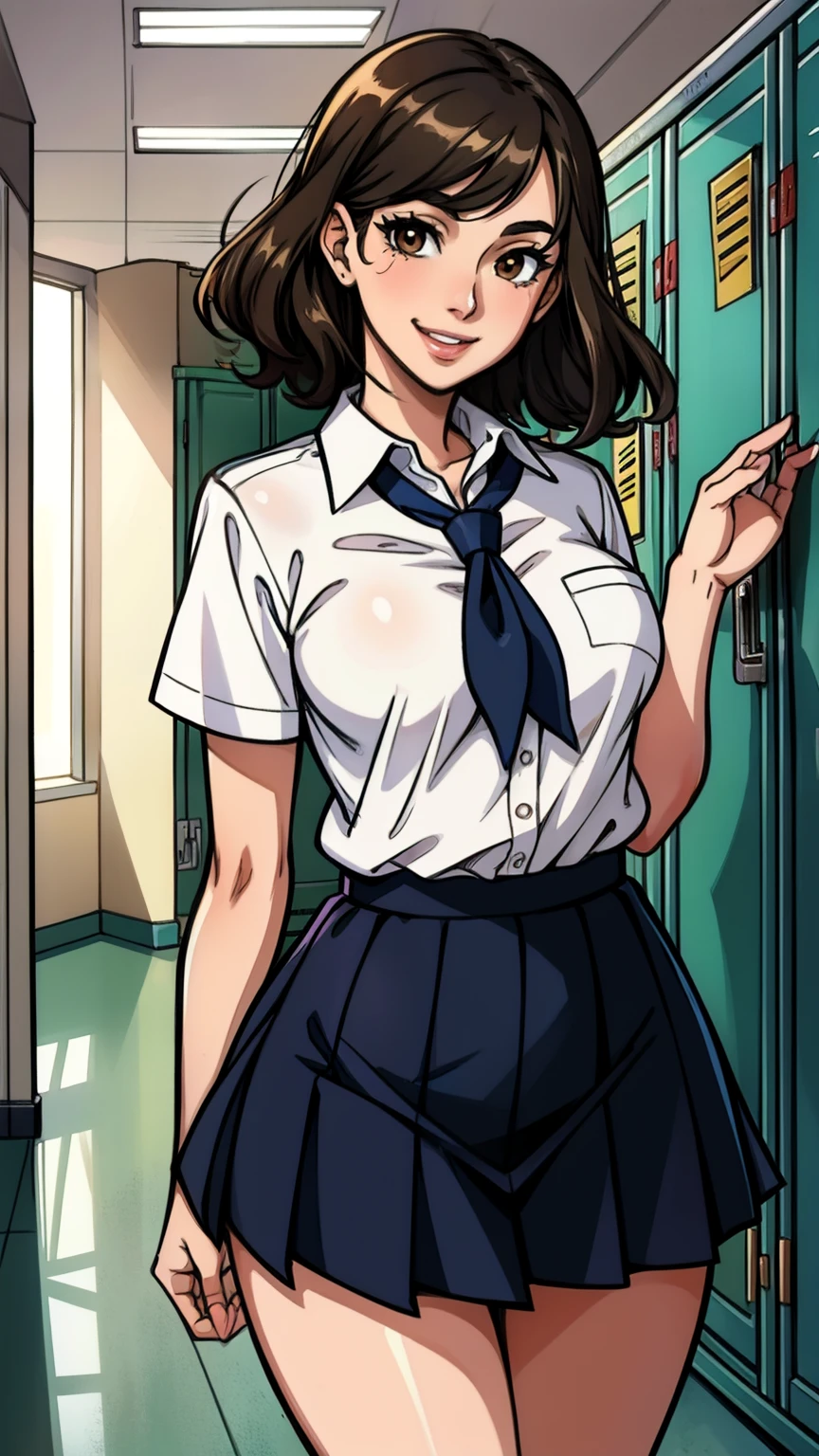 ((Tabletop, highest quality, High resolution, , Pixel perfect, 4K,))), 1 female teacher, single, alone, beauty、The whole body is visible、 ((Mid-wave hair, bangs, Brown Hair)), ((Brown eyes, Beautiful eyelashes, Realistic eyes)), ((Detailed face, Blushing:1.2)), ((Smooth texture:0.75, Realistic texture:0.65, Realistic:1.1, Anime CG Style)), Mid-chest, Dynamic Angle, Perfect body, (( ,necklace、Earrings , White and pink tennis wear、White and pink short sleeve shirt,Pleated flare skirt 、Lift your skirt with both hands to show your panties)), No bra、Cover your chest with your hands、Very embarrassing panic smile, 、Looking up、classroom、、(Light blue floral lace panties are visible)、Angle from below)、