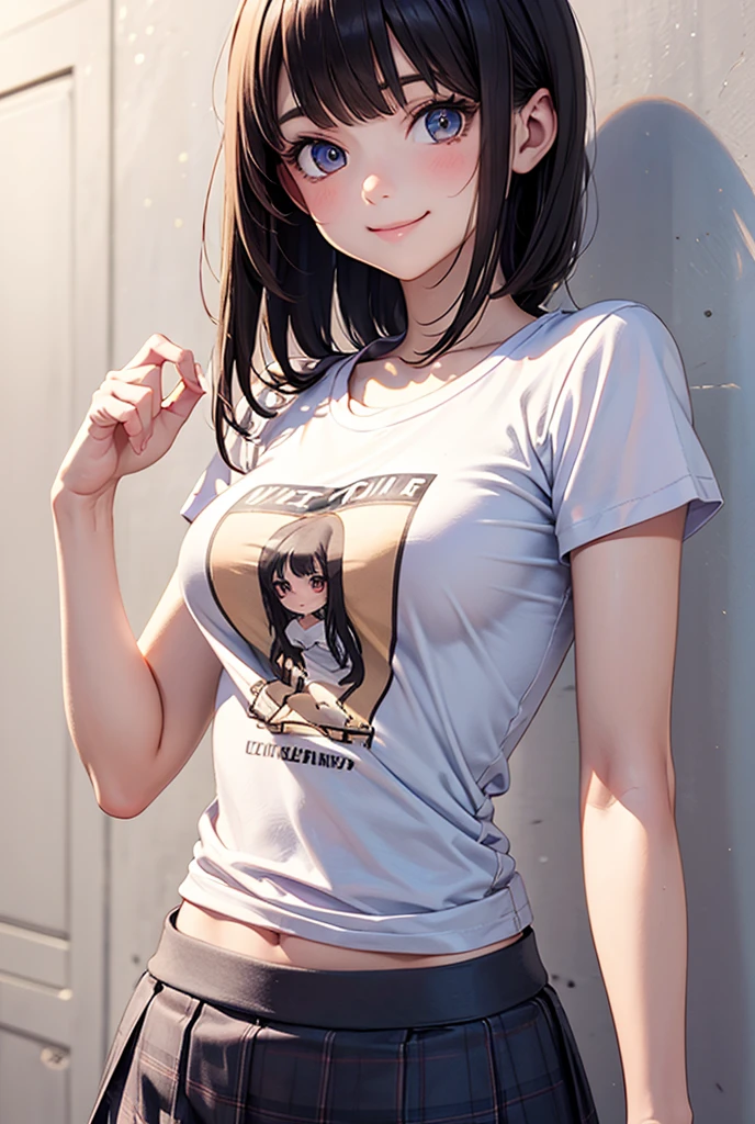 masterpiece, best quality, ultra-detailed, illustration, slim fit girl, at full height, blrown eyes, shy smile, perfect small breast, skirt, t-shirt,