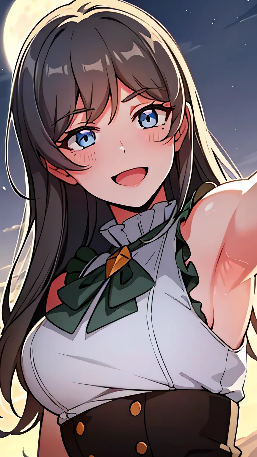 quality, masterpiece, highly detailed, 8k, masterpiece, tilly wimbledon, sleeveless, 1girl, smile, open mouth, blush, detailed face, detailed eyes, medium breast, blue eyes, top of mountain, night, moon, armpit, sweaty armpit, cum on hair