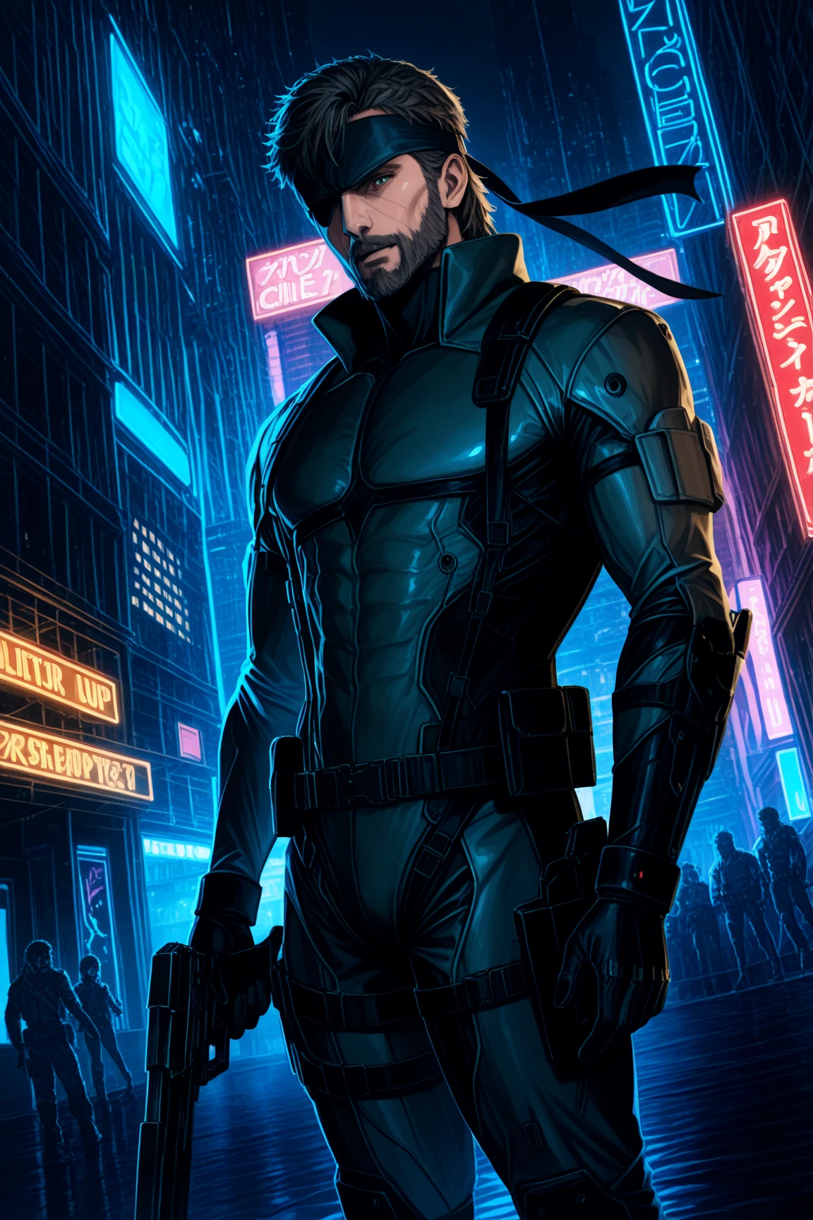 male,a highly detailed portrait of solid snake from metal gear solid, wearing a sneaking suit, holding a gun, in a cyberpunk style, extremely detailed face and eyes, intricate metal gear textures, cinematic lighting, neon city background, moody colors, new year celebration elements