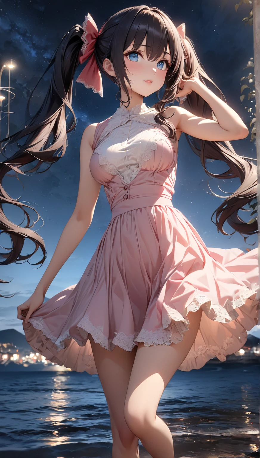 1girl, solo, long hair, looking at viewer, brown hair, dress, jewelry, standing, earrings, sleeveless, black dress, sleeveless dress, floral print, stairs