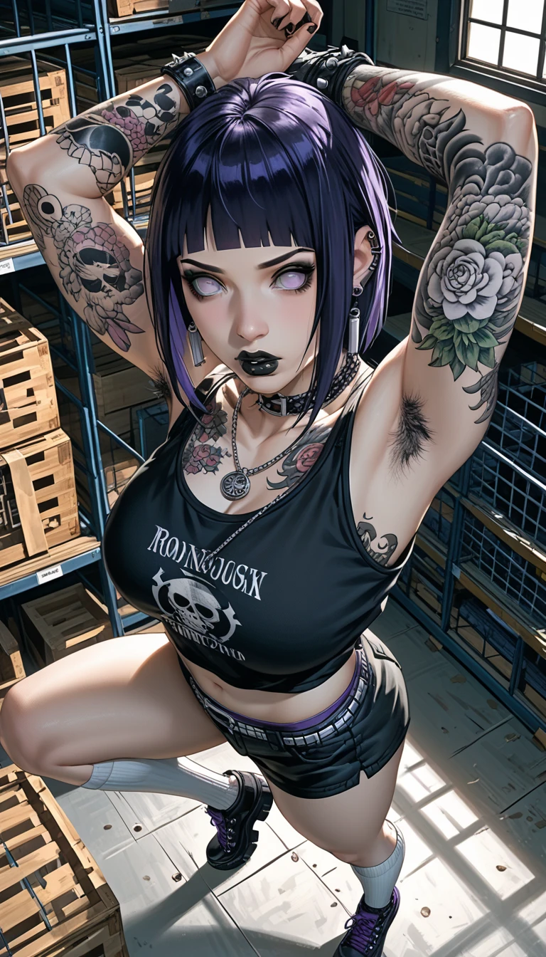 1girl, Holo-Punk Style, goth, earrings, HINATA HYUGA, tattoo, iron necklace, warehouse background, gothic make-up, dark purple hair, big breast, black lipstick, black eyeshadow, detail eyes, armpit hair, tattoos around the body, colored tattoos, dynamic pose, black tank top, underwear, from above, focus image, black shoes, long white socks