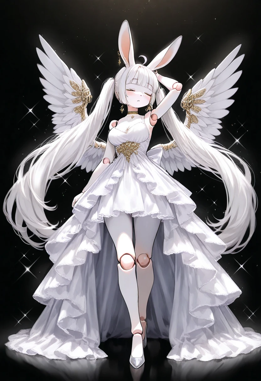 1girl, (furry, kemono:1.4), rabbit girl, animal nose, rabbit ears, ahoge, (sparkle:1.4), long hair, twintails, wings, white hair, very long hair, closed eyes, breasts, doll joints, blunt bangs, parted lips, mechanical wings, medium breasts, dress, white dress, high heels, earrings, choker, arm up, standing, solo, full body, black background, joints, jewelry