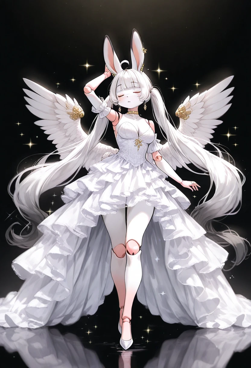 1girl, (furry, kemono:1.4), rabbit girl, animal nose, rabbit ears, ahoge, (sparkle:1.4), long hair, twintails, wings, white hair, very long hair, closed eyes, breasts, doll joints, blunt bangs, parted lips, mechanical wings, medium breasts, dress, white dress, high heels, earrings, choker, arm up, standing, solo, full body, black background, joints, jewelry