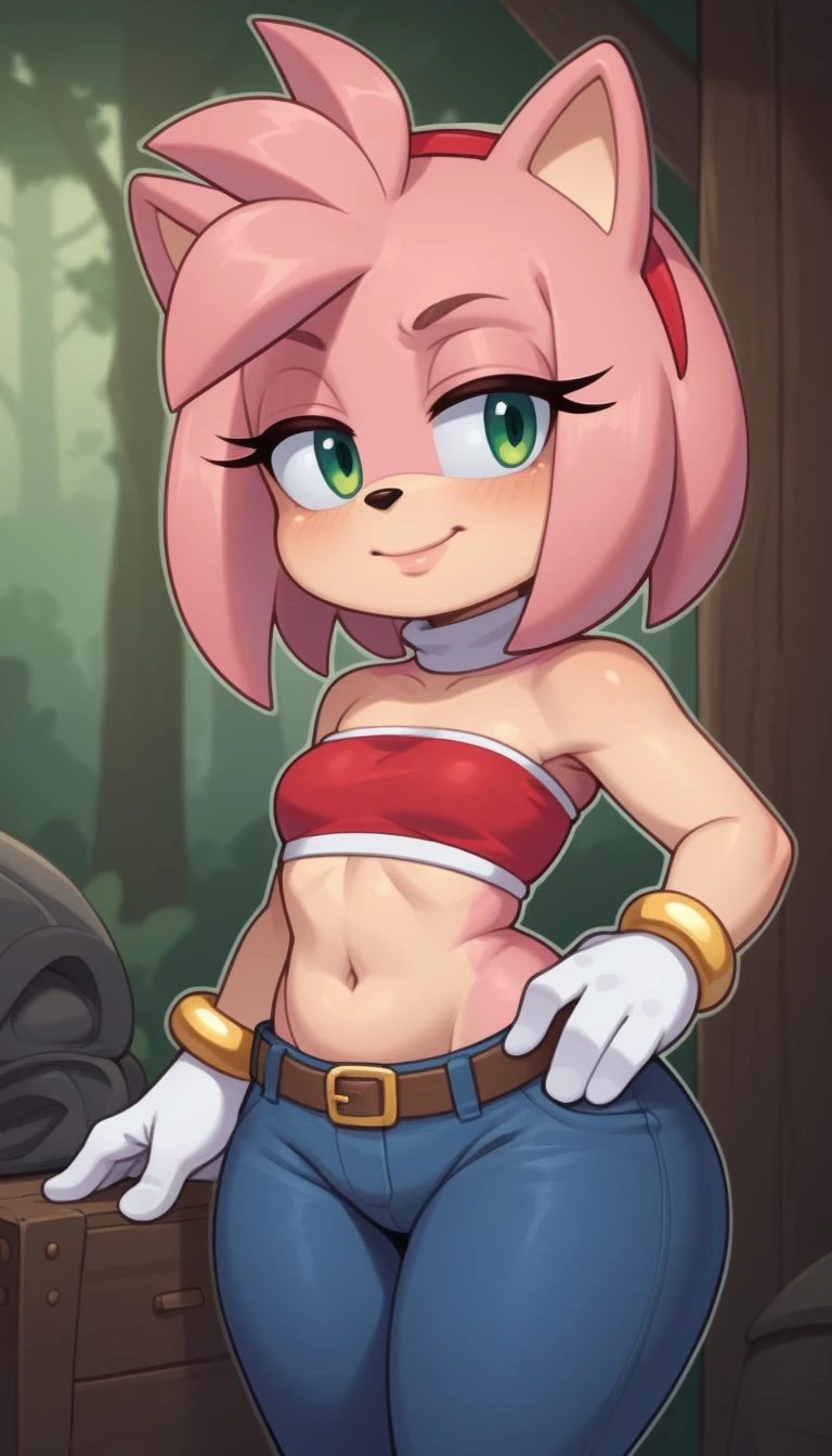 score_9, score_8_up, score_7_up, rating_explicit, source_cartoon, white outline, bold outline, simple background, evnstnly, 1 girl, furry female, amy rose, two-tone skin, cute, (shortstack:1.3), white gloves, gold bracelet, tube top, small breasts, huge hips, plump, chibi, hand on hip, motion lines, half closed eyes, head tilt, from side.| choker. gloves, navel,midriff, belt, pants, crop top, turtleneck, room, room background, cowboy shot. forest. tent
