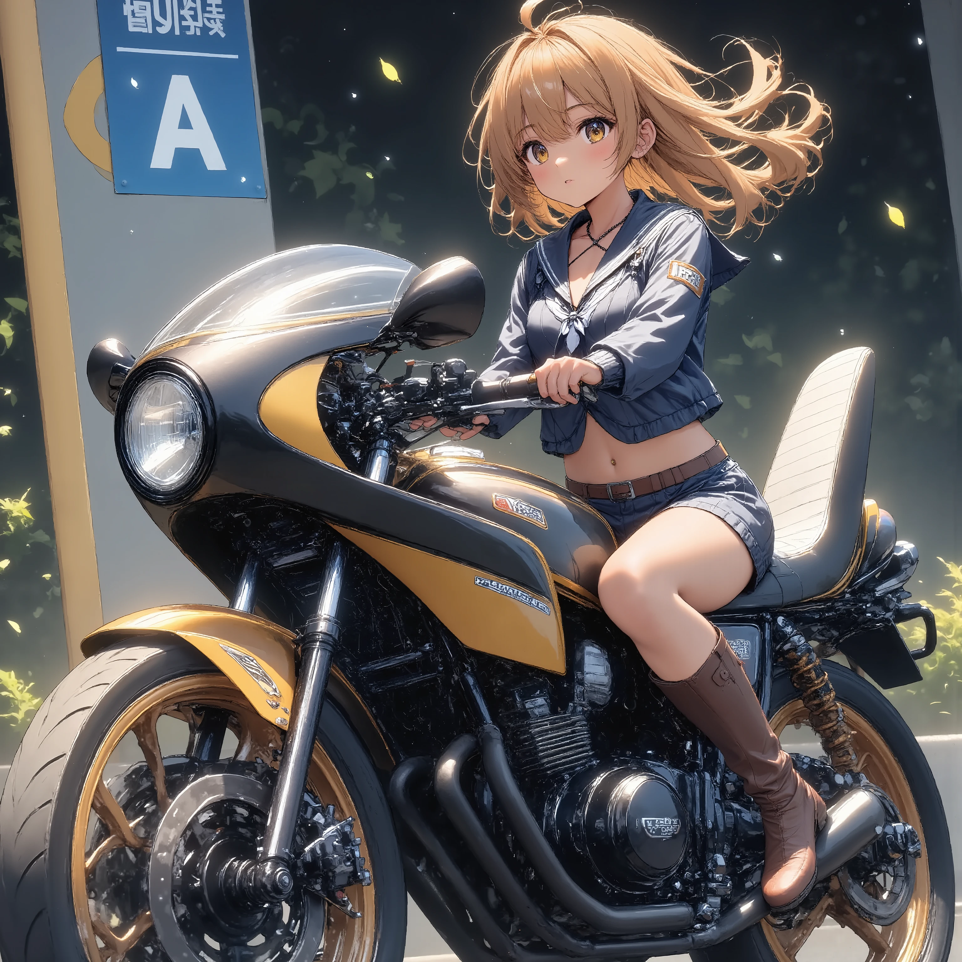 ONE HIGH SCHOOL GIRL RIDING A MOTORCYCLE 　+ CAFE RACER TUNED HONDA CBX400F　+ glossy brown skin + sailor suit　+ loose socks　+ rocket cowl 　、 top quality,  