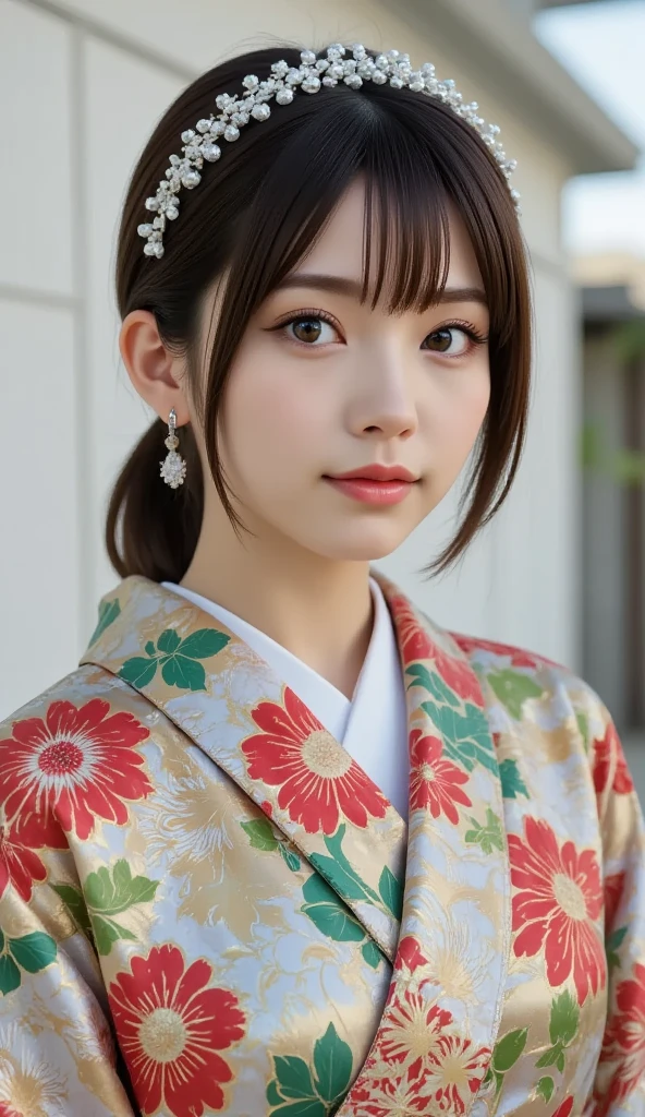 (Japanese anime style:1.4), 8k resolution, masterpiece, top quality, Award-winning works, new year post card, sole girl, (photo of a girl who is wearing Japanese traditional kimono printed on the card:1.4), (title printed which says " happy new year " on the card:1.5), (image of white snake printed on the card:1.4)