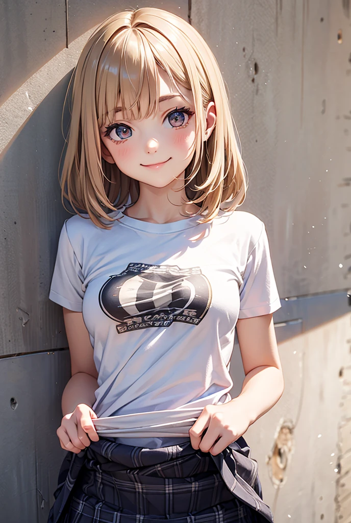 masterpiece, best quality, ultra-detailed, illustration, slim fit girl, at full height, blrown eyes, shy smile, perfect small breast, skirt, t-shirt,