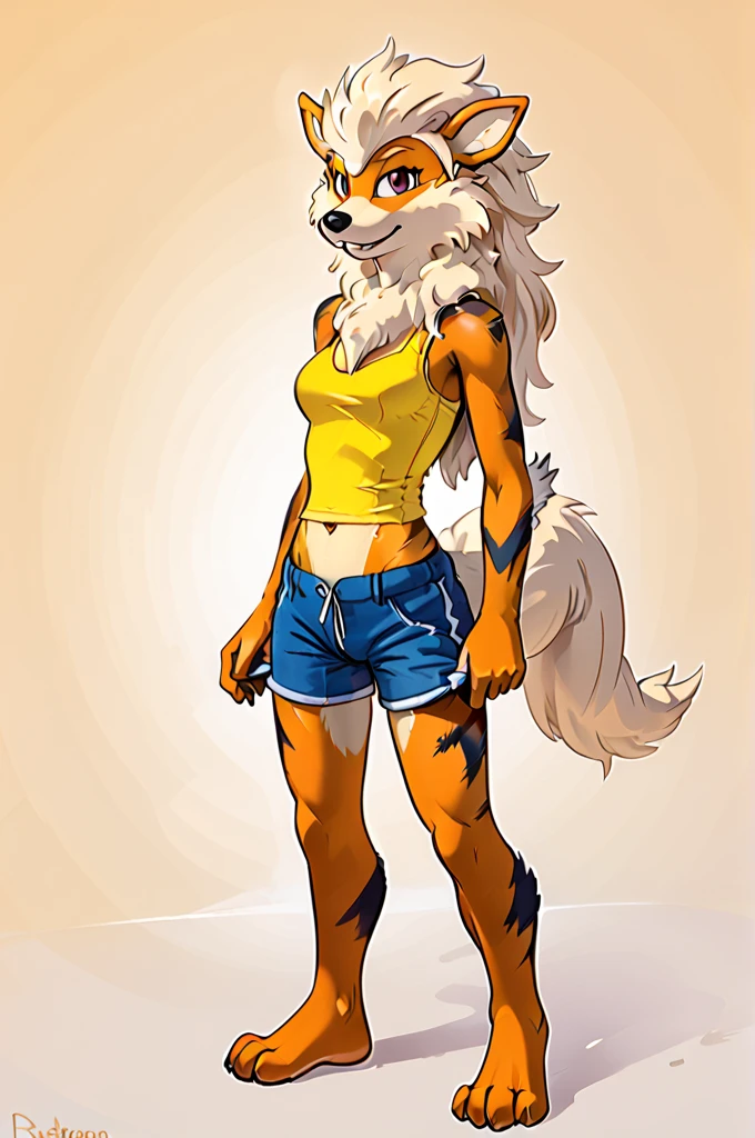 anthropomorphic arcanine woman  , long beige hair full of volume  ,  hourglass figure , dressing, yellow tank top, sea blue tight fabric shorts , Standing, barefoot,  full body, SFW, solo