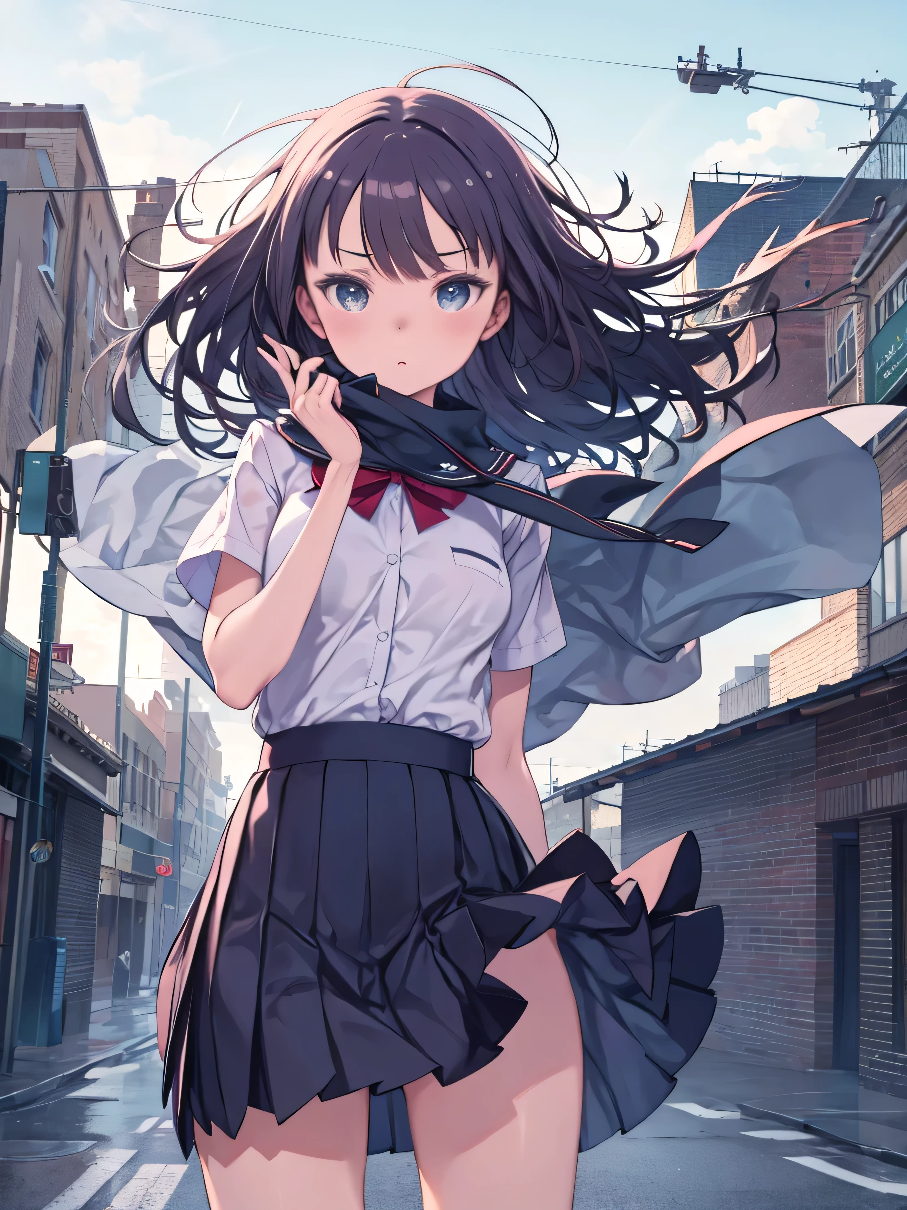 masterpiece, Highest quality, Lens flare, Depth of written boundary, (close: 1.3), (Wide Shot, Fisheye Lens: 0.85), Face Focus, Hatsune Miku, Small faces scattered, Detail of bloodstained lips, Open neck blouse, Pleated skirt, (Have a weapon, Hold the rifle, aim, aim:1.2), gun, H&Ｋhk416, carbine, fire, Firing, sunny, blue sky, battlefield, road signs, Skyscraper,