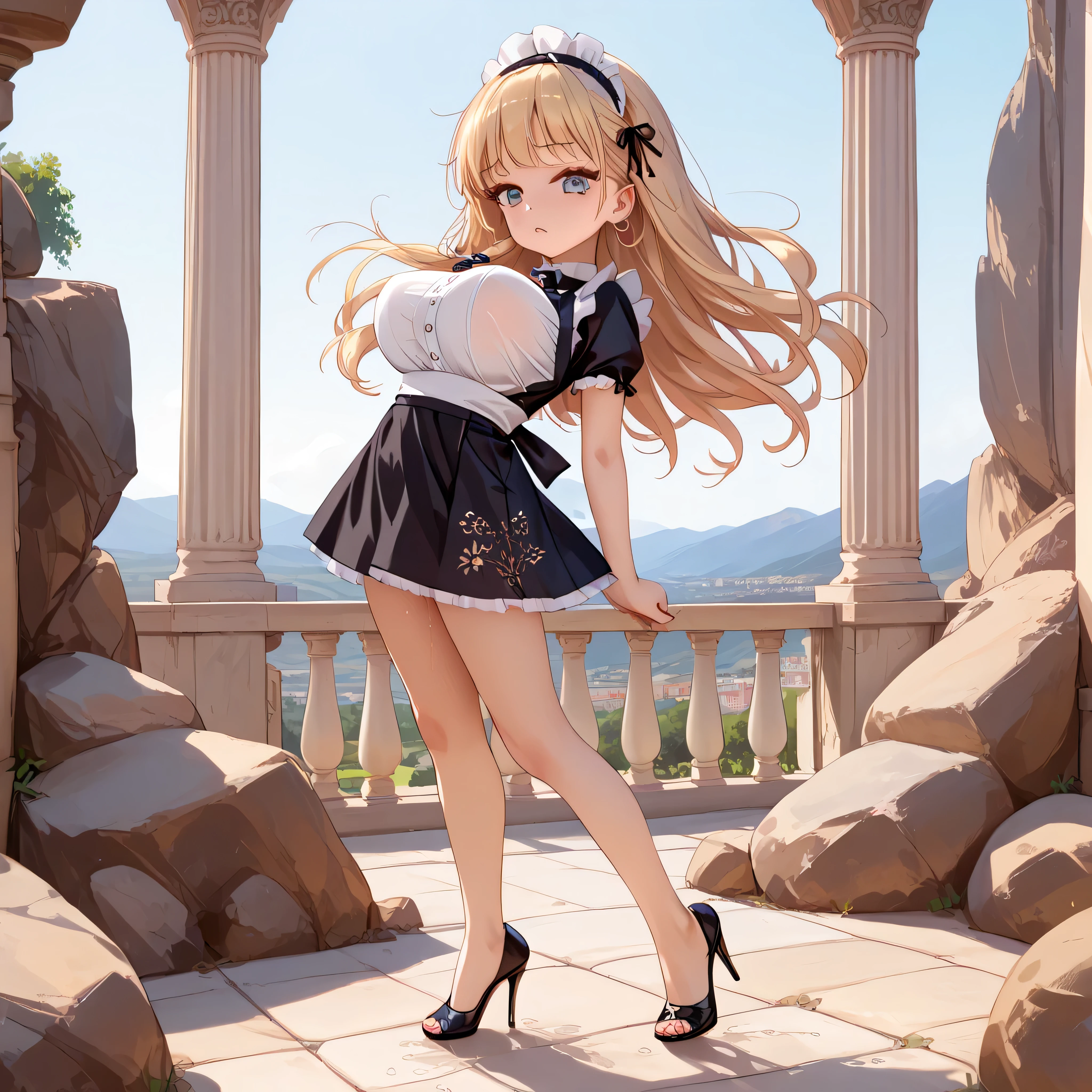 hall of royal palace, landscape, BREAK, beautiful detailed face, ultra high resolution, masterpiece, BREAK, (solo), skinny, (1 petite maid standing), tiptoe, curtsey, both hands lifting short skirt up to both sides, arched back, (bouncing breasts), looking at viewer, BREAK, (large breasts), (too short torso:1.2), (too short waist:1.2), (too narrow waist:1.3), (skinny waist), (skinny legs), (long legs), BREAK, black maid dress, (too short skirt:1.5), stiletto heels, BREAK, nsfw, (show off white panty), pussy juice, orgasm