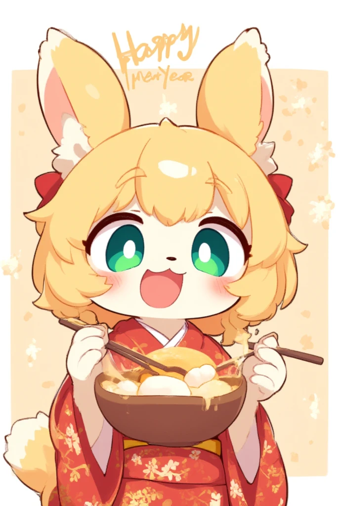 1girl, (furry, kemono:1.4), rabbit girl, animal nose, rabbit ears, rabbit tail, blonde hair, green eyes, ahoge, chopsticks, blush, hair intakes, hair between eyes, hair bun, single hair bun, braid, breasts, japanese clothes, kimono, wide sleeves, hair ribbon, long sleeves, floral print, looking at viewer, food, eating, mochi, bowl, bow, solo, holding, upper body, red kimono, red ribbon, mochi trail, holding chopsticks, text happy new year,