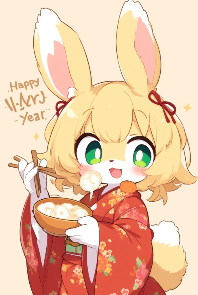 1girl, (furry, kemono:1.4), rabbit girl, animal nose, rabbit ears, rabbit tail, blonde hair, green eyes, ahoge, chopsticks, blush, hair intakes, hair between eyes, hair bun, single hair bun, braid, breasts, japanese clothes, kimono, wide sleeves, hair ribbon, long sleeves, floral print, looking at viewer, food, eating, mochi, bowl, bow, solo, holding, upper body, red kimono, red ribbon, mochi trail, holding chopsticks, text happy new year,