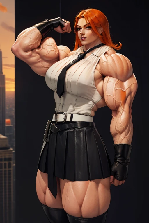 (((Massive tall, beautiful, buff, pale white skinned muscular asian woman with red hair, black lipstick, ginormous bulky muscles and wearing a beautiful red unbuttoned blouse with a beautiful black long pleated skirt))), (close view), massive muscles, massive biceps, hyper muscle shoulders, massive muscle arms, vascular shoulders, hyper muscle triceps, (long hair), (beautiful unbuttoned red blouse), yellow eyes, studded gauntlets, gloves, choker, (beautiful black long pleated skirt with a belt), shoes with socks, (in a beautiful hallway), closed smile, morning, hyper vascular arm, hyper muscles arms, hyper muscle legs, massive arms