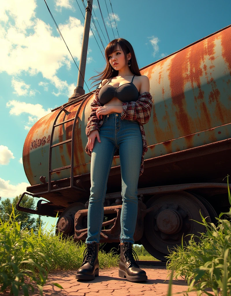 Ultra-realistic, bottom view, Hitomi Tanaka, young woman beside weathered abandoned train car, rusted metal, summer sunlight, long-sleeved plaid shirt over spaghetti-strap crop top, snug jeans, sturdy boots, overgrown landscape, vibrant green weeds, cracked earth, intricate rust patterns, natural golden light, soft shadows,  --ar 16:9 --stylize 750 --v 6