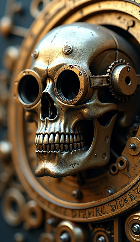 A stunning steampunk-inspired 3D rendering of a gold, black, cobalt blue, and orange metal skull. The intricate design features screws, nuts, rods, and rivets, with small leaves and fruits surrounding it. A lit candle casts a warm glow on the sculpture, creating an eerie yet captivating atmosphere. The artist's signature, "SIVANANDA," is prominently displayed in small cursive script at the bottom of the design, accompanied by fun typography. Below the signature, the author's name, "Created by LNS," is written. The image is captured in an isometric view with professional lighting, showcasing the impressive craftsmanship and attention to detail., typography, portrait photography, 3d render, photo