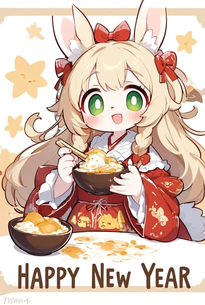 1girl, (furry, kemono:1.4), rabbit girl, animal nose, rabbit ears, rabbit tail, blonde hair, green eyes, ahoge, chopsticks, blush, hair intakes, hair between eyes, hair bun, single hair bun, braid, breasts, japanese clothes, kimono, wide sleeves, hair ribbon, long sleeves, floral print, looking at viewer, food, eating, mochi, bowl, bow, solo, holding, upper body, red kimono, red ribbon, mochi trail, holding chopsticks, text happy new year,