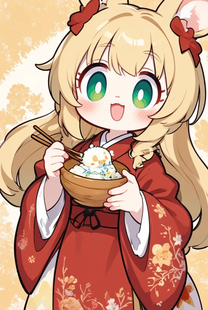 1girl, (furry, kemono:1.4), rabbit girl, animal nose, rabbit ears, rabbit tail, blonde hair, green eyes, ahoge, chopsticks, blush, hair intakes, hair between eyes, hair bun, single hair bun, braid, breasts, japanese clothes, kimono, wide sleeves, hair ribbon, long sleeves, floral print, looking at viewer, food, eating, mochi, bowl, bow, solo, holding, upper body, red kimono, red ribbon, mochi trail, holding chopsticks, text happy new year,