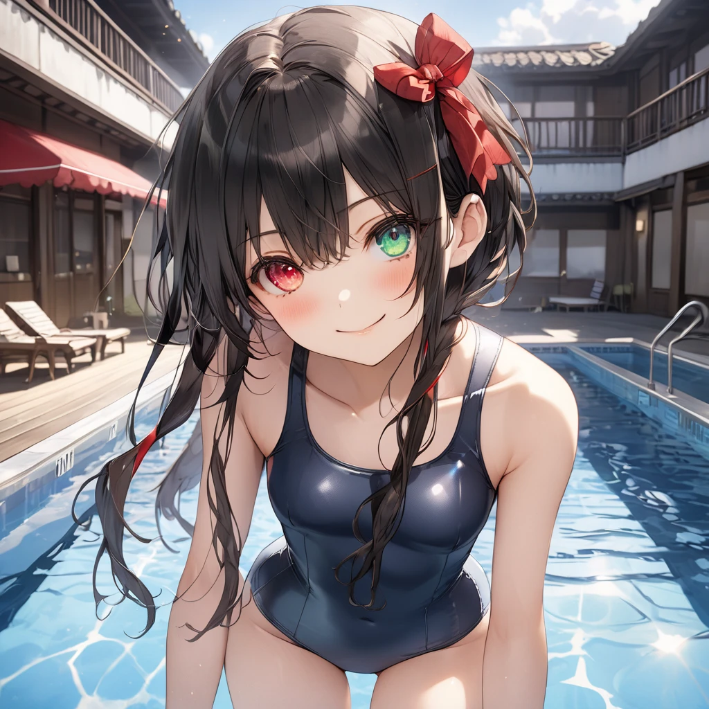 Beautiful fece, masterpiece, top-quality, hiqcgbody, animesque, 1girl in, Medium chest, The bikini, (transparent transparent red swimsuit), portrait shot, Look at viewers, Partially submerged, Outdoor pool, (silber hair),(Feline ears),poneyTail,wetted skin, intricate detailes,>,((coverd)