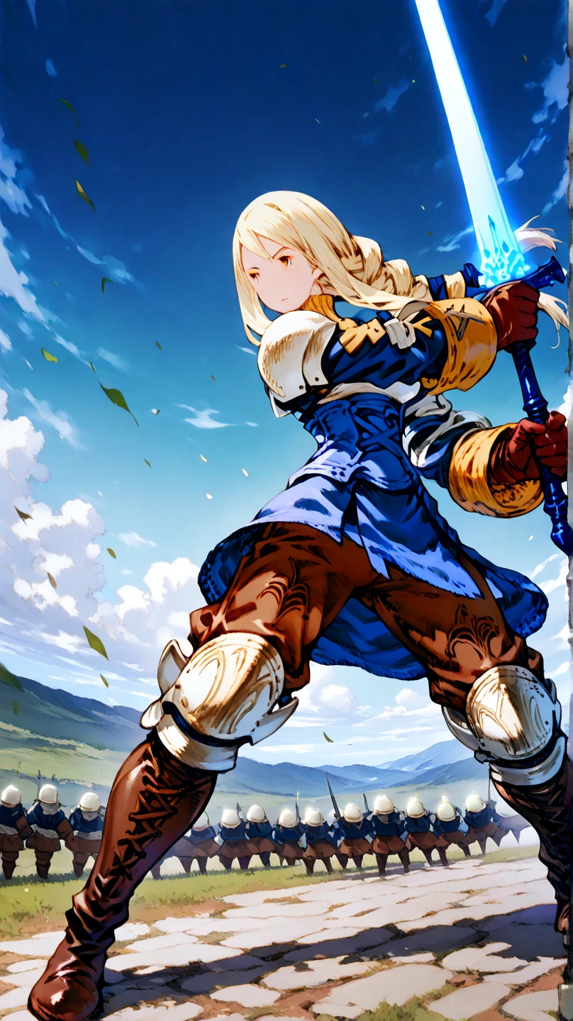 Art by Akihiko Yoshida,, BREAK ,solo,1girl\(Agrias Oaks\(Final Fantasy Tactics\), blonde hair, braided ponytail,brown eyes,shoulder armor, armor, corset,(brown pants:1.3), knee pads, blue dress, brown gloves, pants, cross-laced boots,big breast,dynamic pose,fighting stance,dynamic angle,(holding 1long sword\(devine,european style sword,glowing blue\):1.4)\), BREAK ,background\(battlefield of europe,soldiers in war,surrounded by enemy soldiers),long shot,dynamic angle,very aesthetic, high definition, amazing quality, masterpiece, best quality, very aesthetic, highres, absurdres